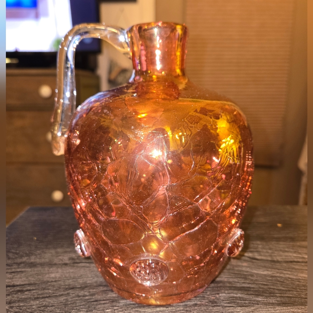 Crackle Handblown glass amber pitcher